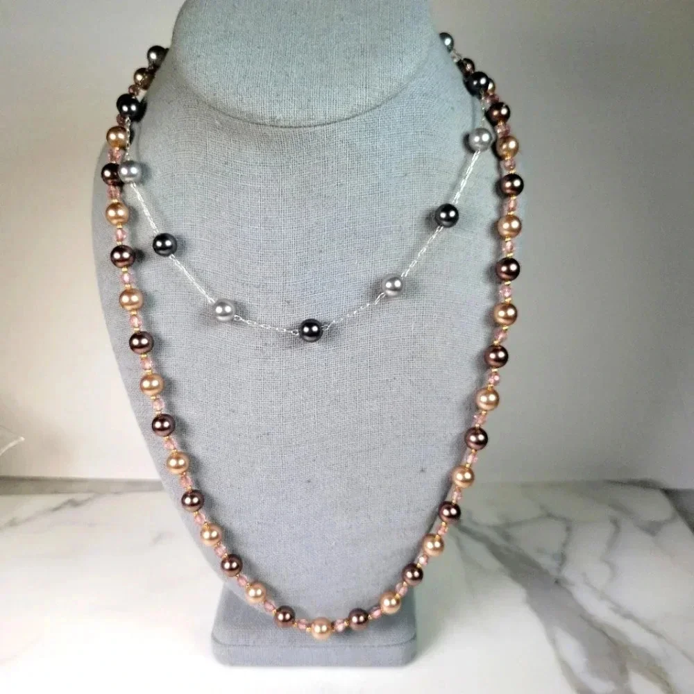 Roman Beaded Necklace Set Of 2  Signed Floating Faux Pearl Gray Peach Pi…